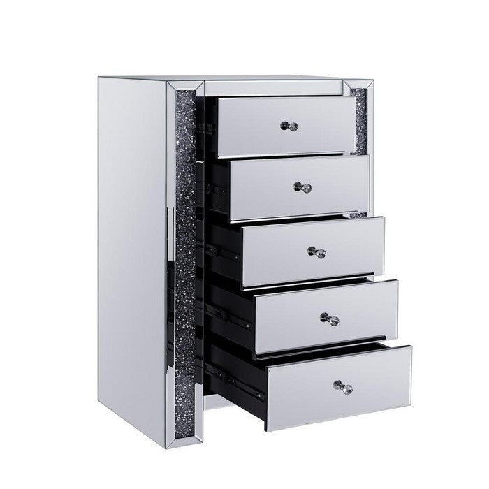 Five Drawer Cabinet with Mirror Panels and Faux Gem Accents, Silver
