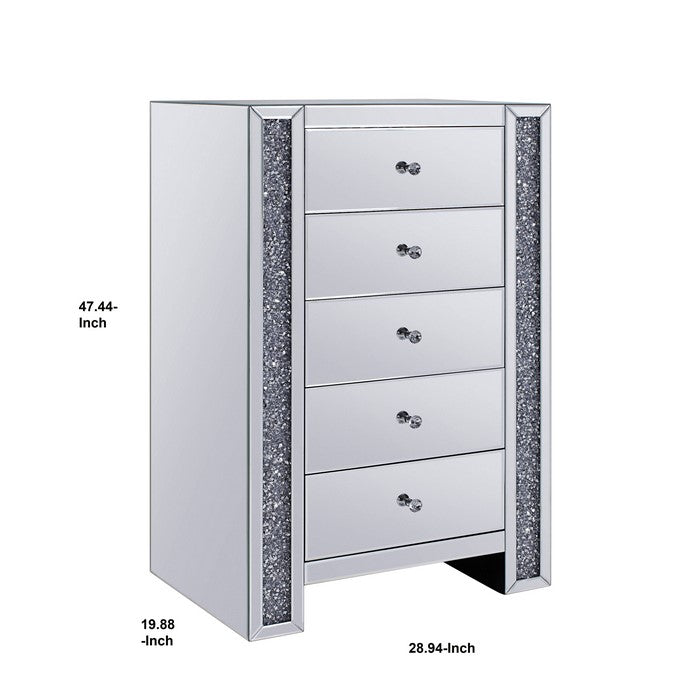 Five Drawer Cabinet with Mirror Panels and Faux Gem Accents, Silver