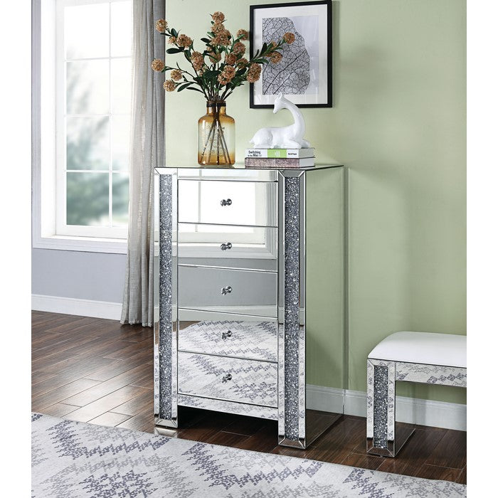 Five Drawer Cabinet with Mirror Panels and Faux Gem Accents, Silver