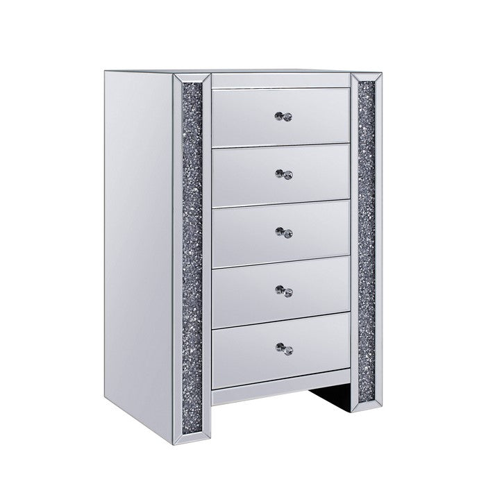Five Drawer Cabinet with Mirror Panels and Faux Gem Accents, Silver