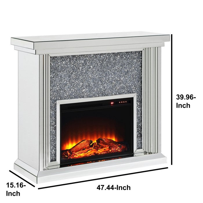 Wood and Mirror Electric Fireplace with Faux Crystals Inlay, Clear and Black