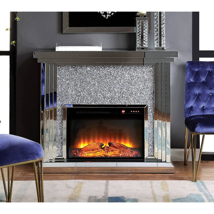 Wood and Mirror Electric Fireplace with Faux Crystals Inlay, Clear and Black