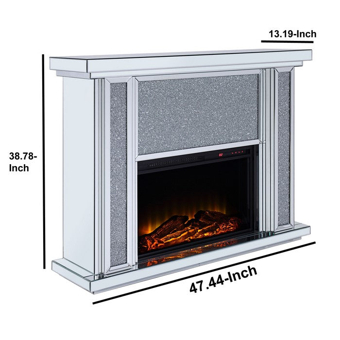 Wood and Mirror Electric Fireplace with Faux Crystal Dusted Face, Clear and Black