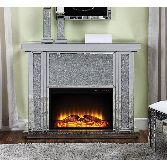 Wood and Mirror Electric Fireplace with Faux Crystal Dusted Face, Clear and Black