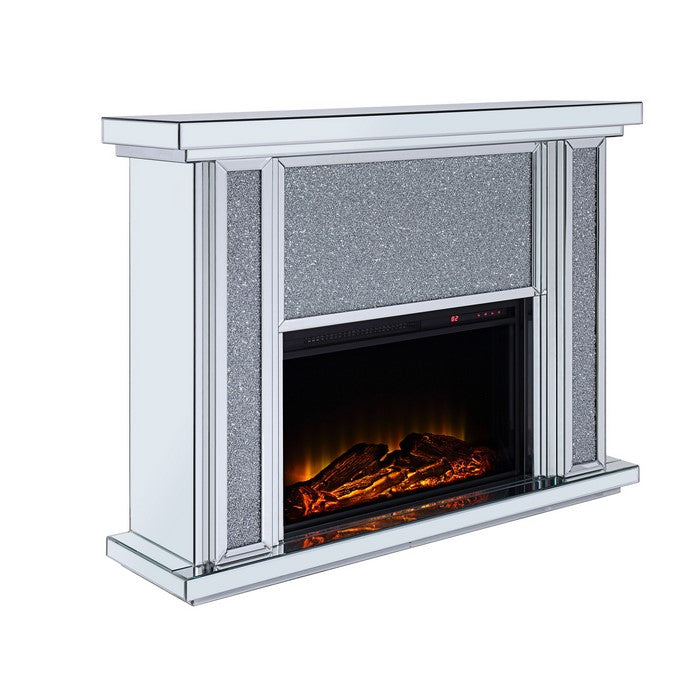 Wood and Mirror Electric Fireplace with Faux Crystal Dusted Face, Clear and Black