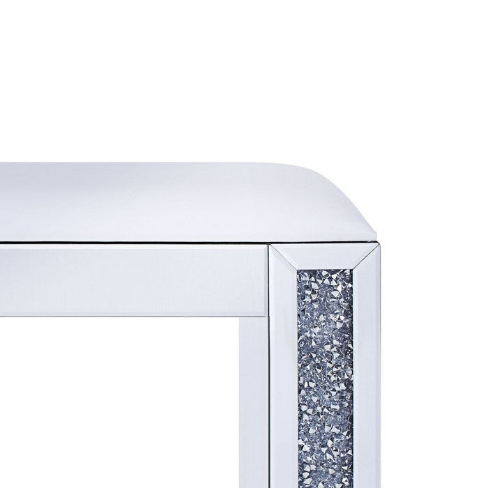 Wood and Mirror Vanity Stool with Leatherette Upholstered Seat, White and Clear
