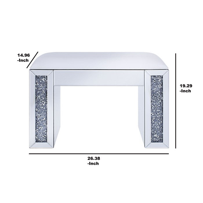 Wood and Mirror Vanity Stool with Leatherette Upholstered Seat, White and Clear