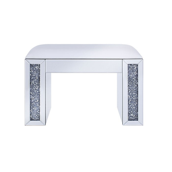Wood and Mirror Vanity Stool with Leatherette Upholstered Seat, White and Clear