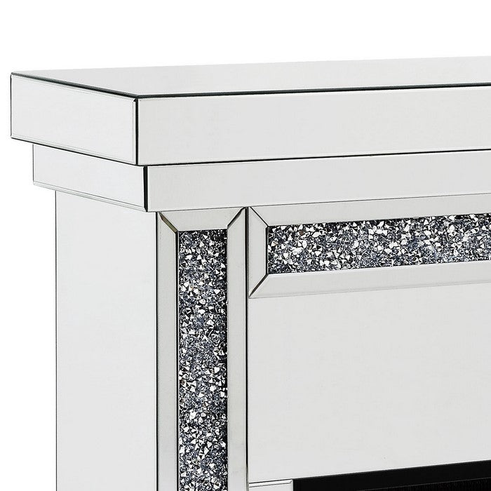 Wood and Mirror Electric Fireplace with Faux Crystal Dusted Columns, Clear