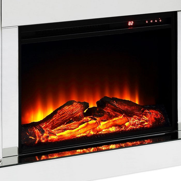 Wood and Mirror Electric Fireplace with Faux Crystal Dusted Columns, Clear