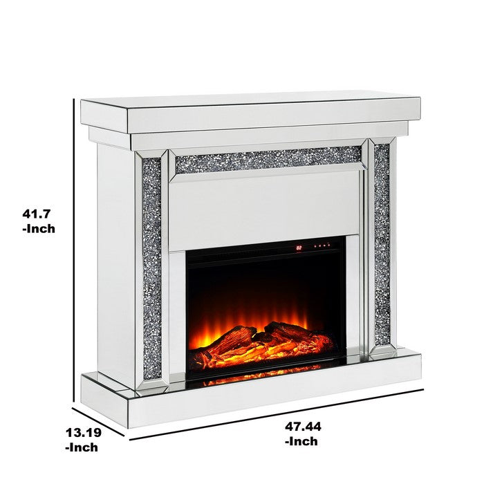 Wood and Mirror Electric Fireplace with Faux Crystal Dusted Columns, Clear