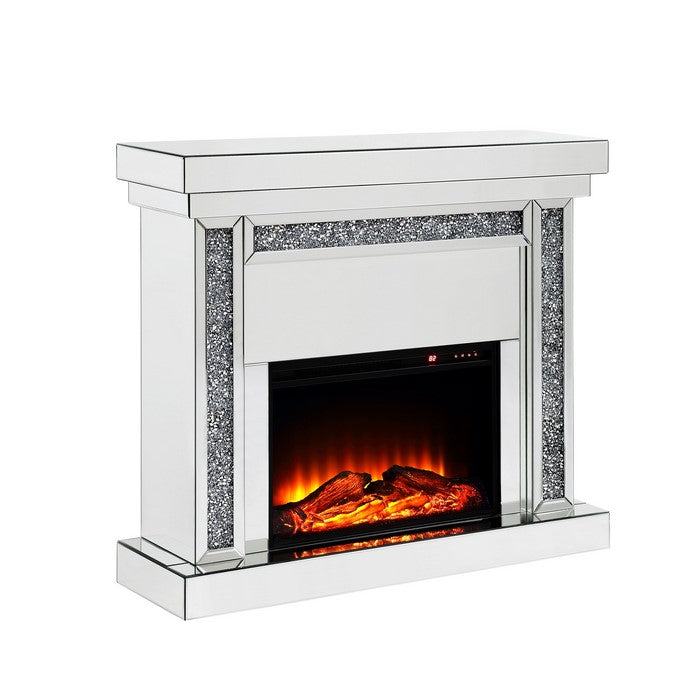 Wood and Mirror Electric Fireplace with Faux Crystal Dusted Columns, Clear