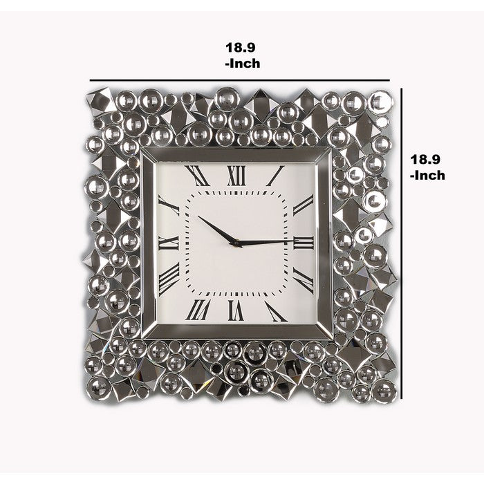 Wood and Mirror Wall Clock with Glass Crystal Gems, Clear and Black