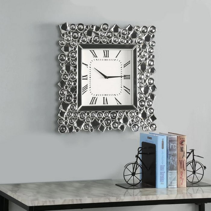 Wood and Mirror Wall Clock with Glass Crystal Gems, Clear and Black
