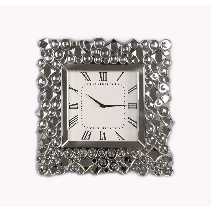 Wood and Mirror Wall Clock with Glass Crystal Gems, Clear and Black
