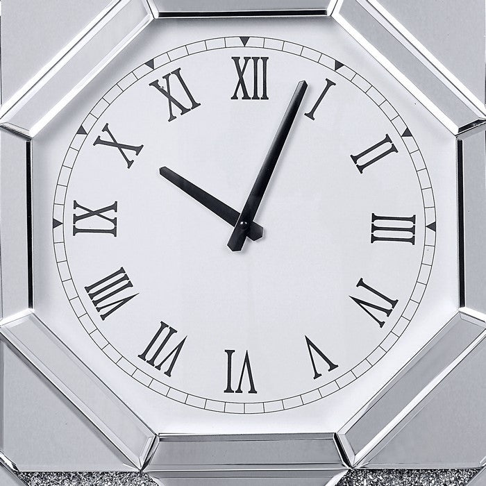 Octagonal Shaped Mirrored Frame Wall Clock with Faux Crystal Inlay, Silver