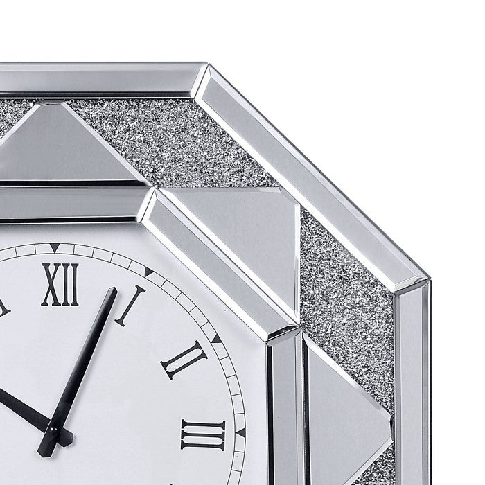 Octagonal Shaped Mirrored Frame Wall Clock with Faux Crystal Inlay, Silver