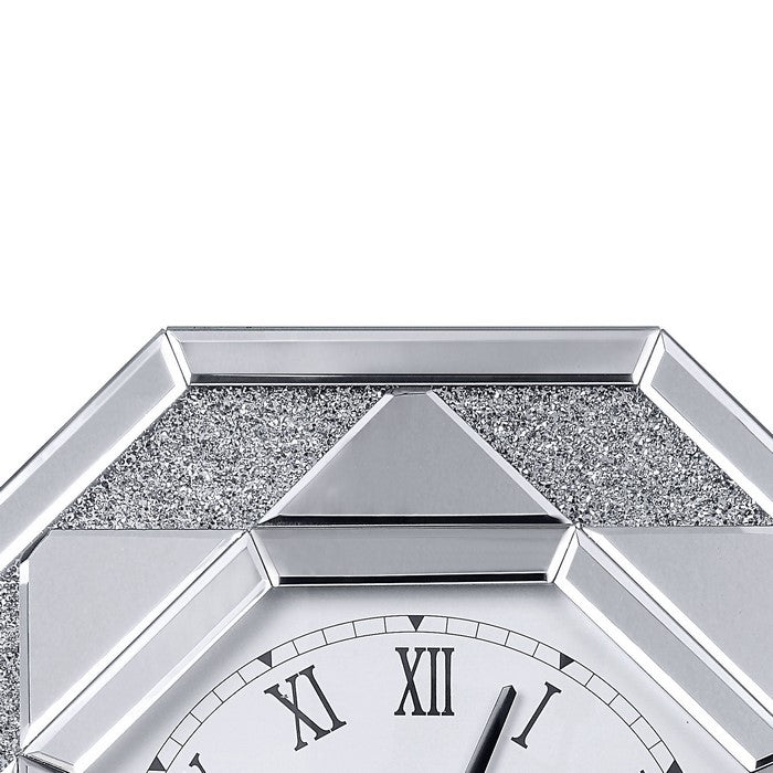 Octagonal Shaped Mirrored Frame Wall Clock with Faux Crystal Inlay, Silver