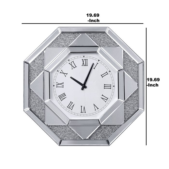 Octagonal Shaped Mirrored Frame Wall Clock with Faux Crystal Inlay, Silver