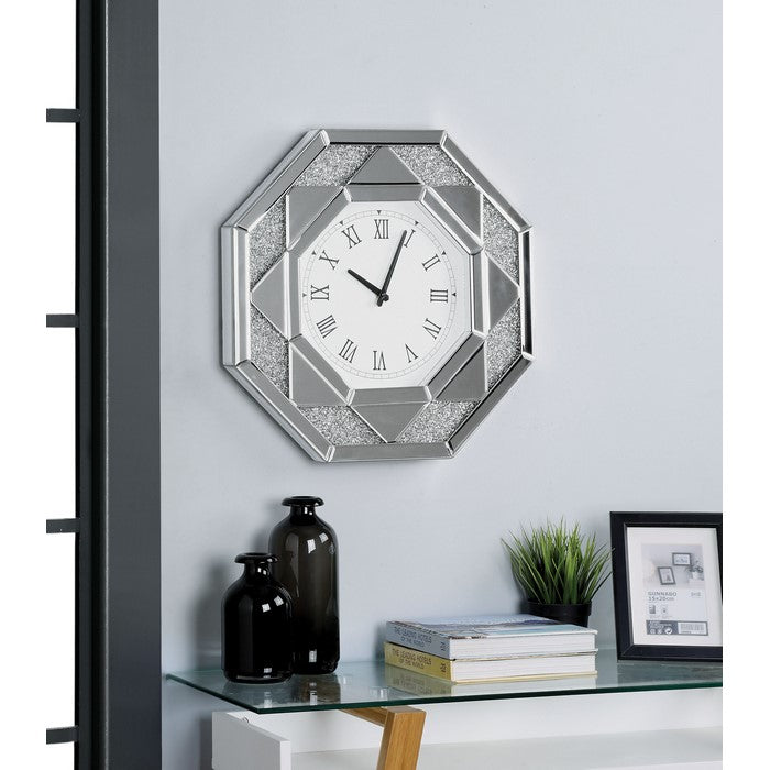 Octagonal Shaped Mirrored Frame Wall Clock with Faux Crystal Inlay, Silver