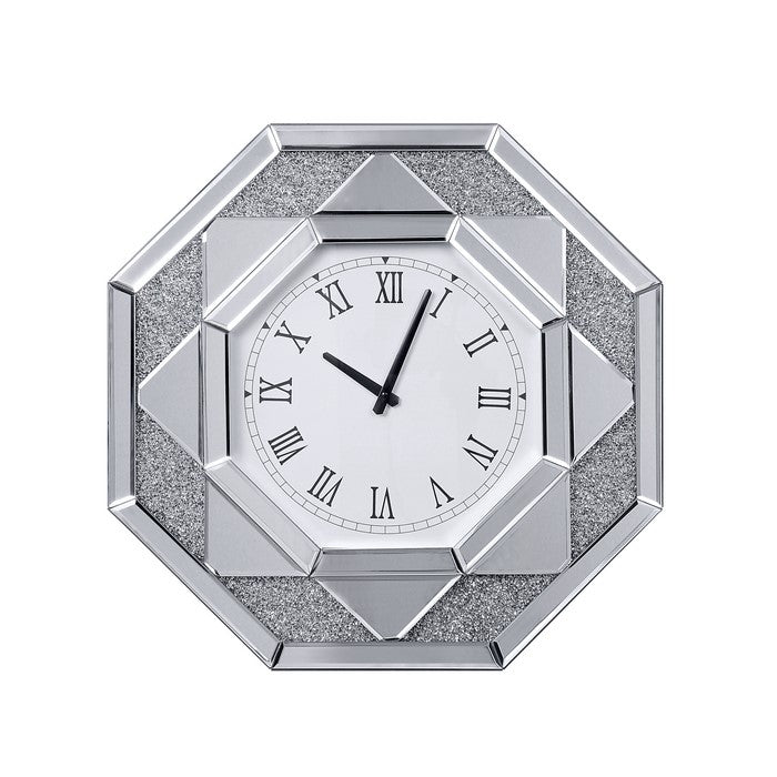 Octagonal Shaped Mirrored Frame Wall Clock with Faux Crystal Inlay, Silver