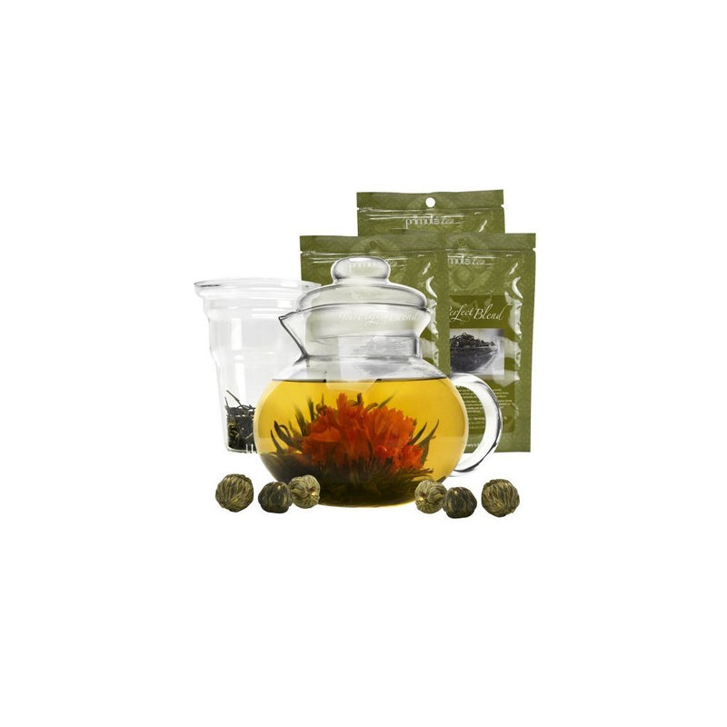 Primula Blossom Glass Teapot – Wide Mouthed Borosilicate Glass – 40 oz. – Dishwasher and Microwave Safe – Clear – Includes 6 Flowering Teas and 3 Loose Tea Packets