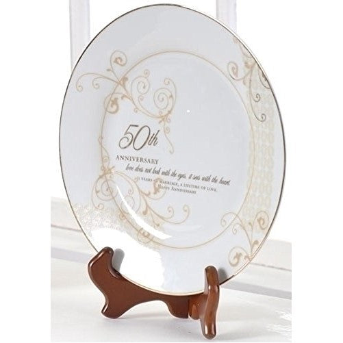 50th Wedding Anniversary Love Sees with the Heart Porcelain Plate with Stand by Roman