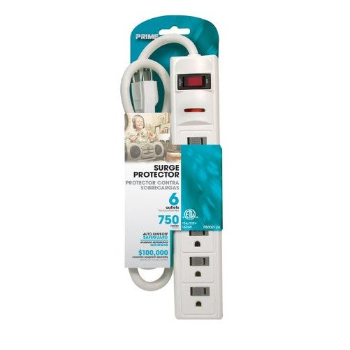 Prime PB802124 6 Outlet 750 Joule Surge Protector, 3-foot cord, White