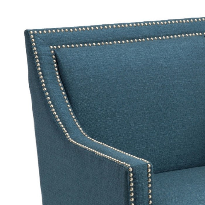 Polyester Upholstered Wooden Arm Chair with Nailhead Trim Detail, Blue And Black