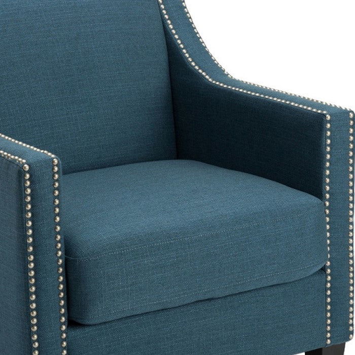 Polyester Upholstered Wooden Arm Chair with Nailhead Trim Detail, Blue And Black