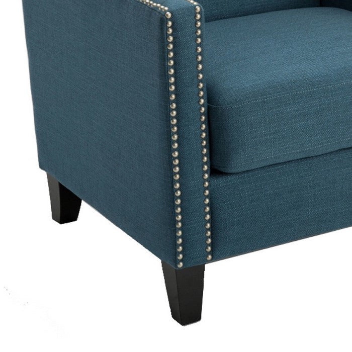 Polyester Upholstered Wooden Arm Chair with Nailhead Trim Detail, Blue And Black