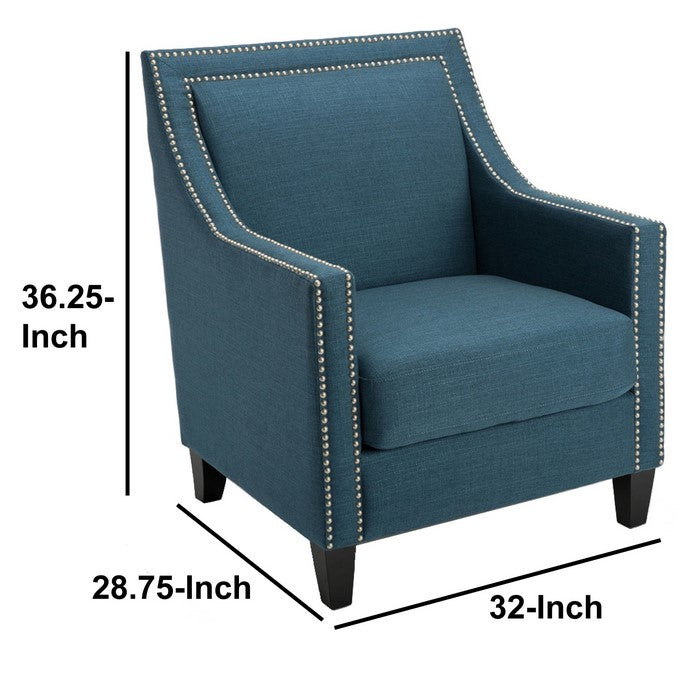 Polyester Upholstered Wooden Arm Chair with Nailhead Trim Detail, Blue And Black