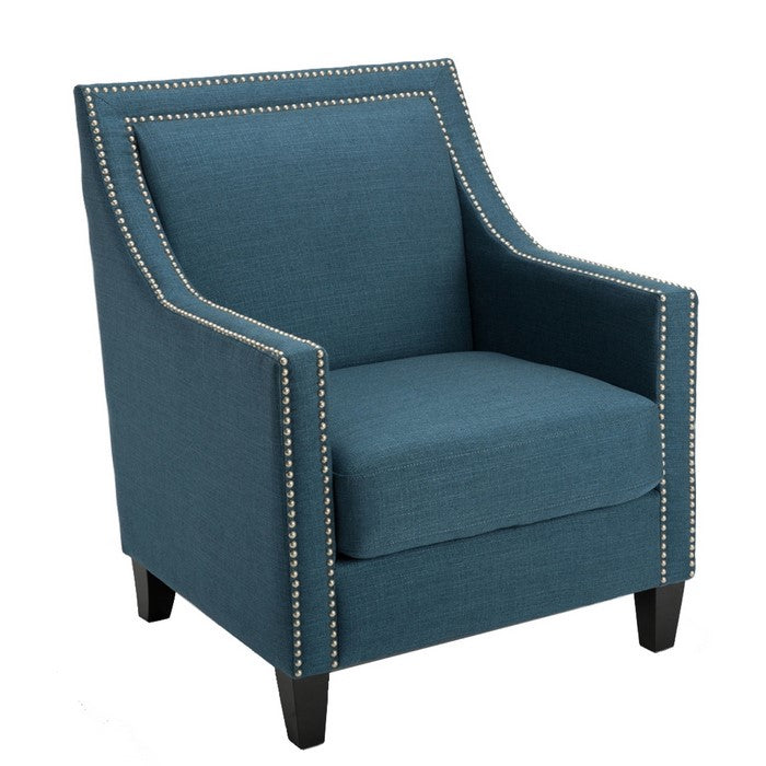 Polyester Upholstered Wooden Arm Chair with Nailhead Trim Detail, Blue And Black