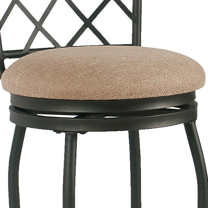 Metal Framed Counter Stool with Fabric Upholstered seat and Designer Back, Beige and Black