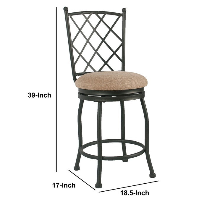 Metal Framed Counter Stool with Fabric Upholstered seat and Designer Back, Beige and Black