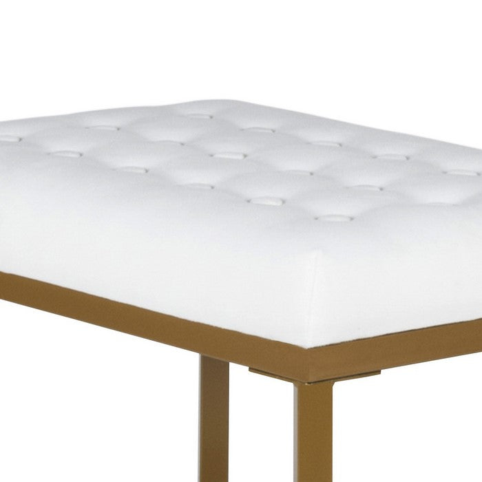 Metal Framed Bench with Button Tufted Velvet Upholstered Seat, White and Gold