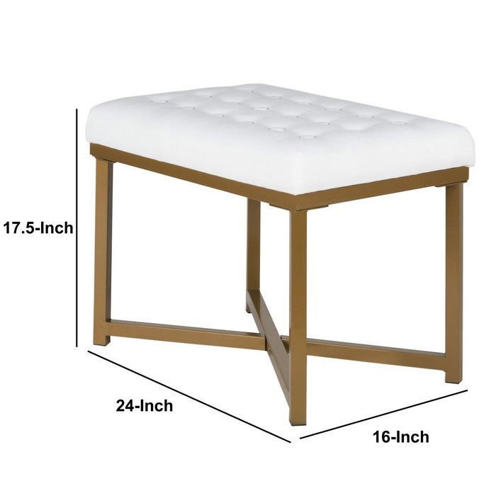 Metal Framed Bench with Button Tufted Velvet Upholstered Seat, White and Gold