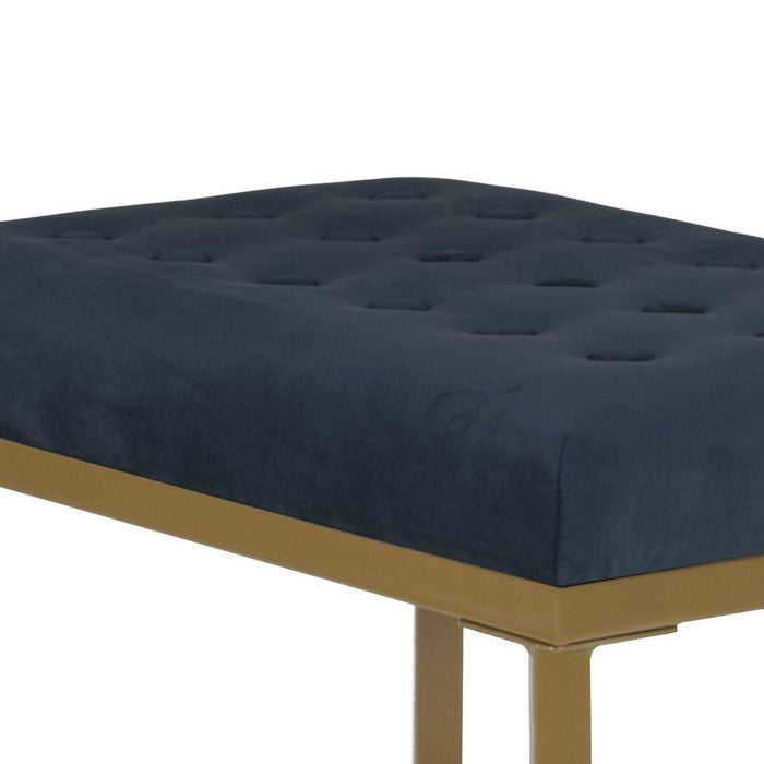 Metal Framed Bench with Button Tufted Velvet Upholstered Seat, Dark Blue and Gold