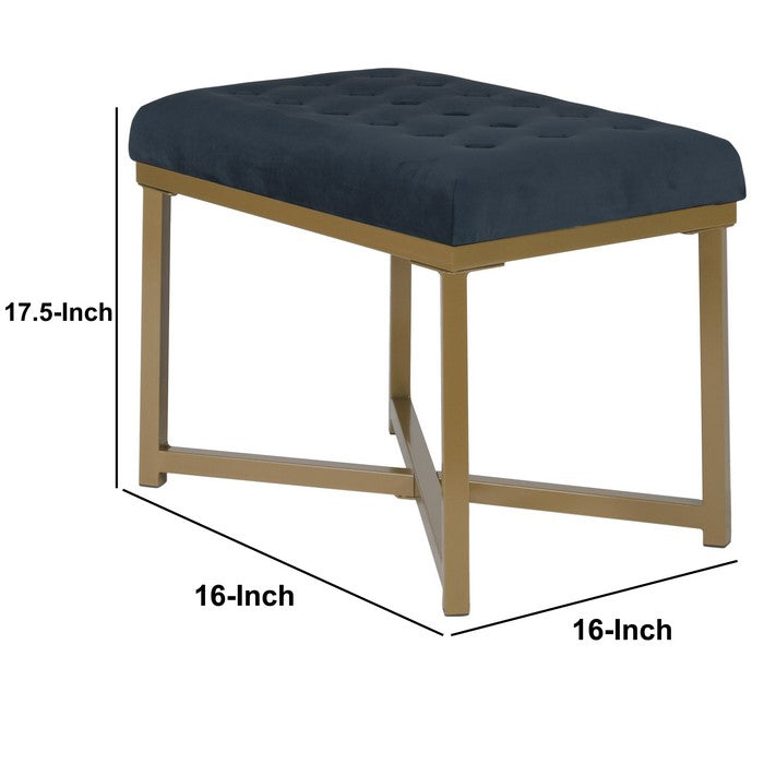 Metal Framed Bench with Button Tufted Velvet Upholstered Seat, Dark Blue and Gold