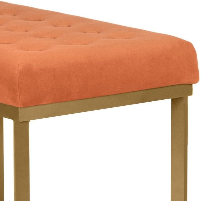 Metal Framed Bench with Button Tufted Velvet Upholstered Seat, Orange and Gold
