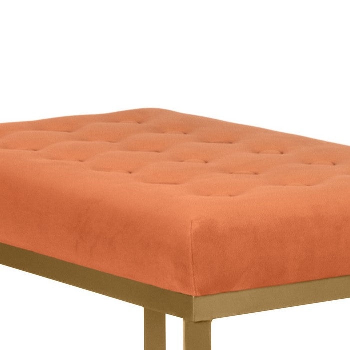 Metal Framed Bench with Button Tufted Velvet Upholstered Seat, Orange and Gold