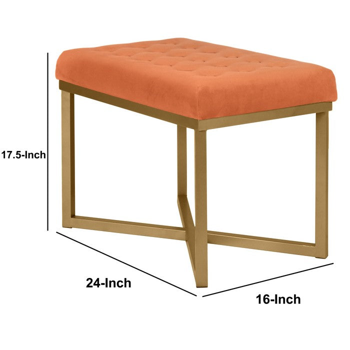 Metal Framed Bench with Button Tufted Velvet Upholstered Seat, Orange and Gold