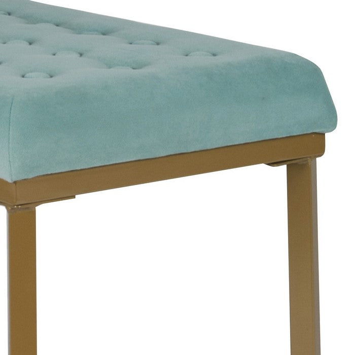 Metal Framed Bench with Button Tufted Velvet Upholstered Seat, Teal Blue and Gold