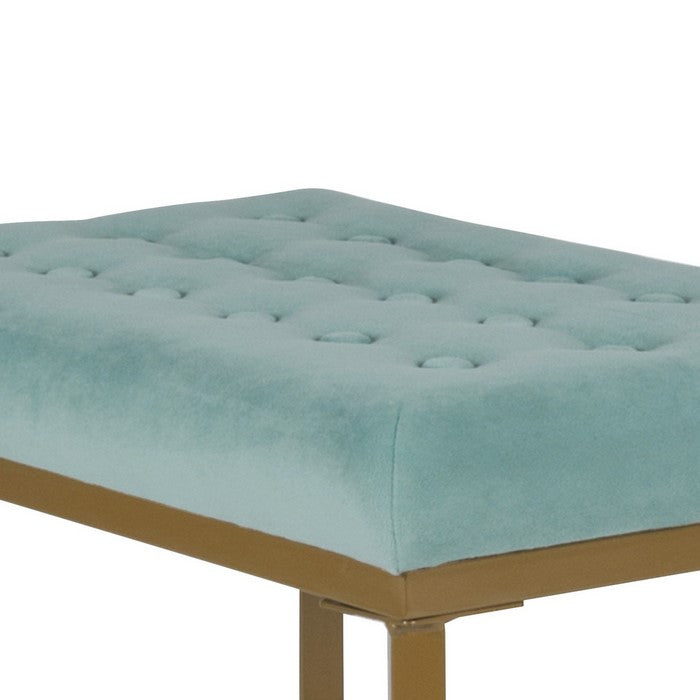 Metal Framed Bench with Button Tufted Velvet Upholstered Seat, Teal Blue and Gold