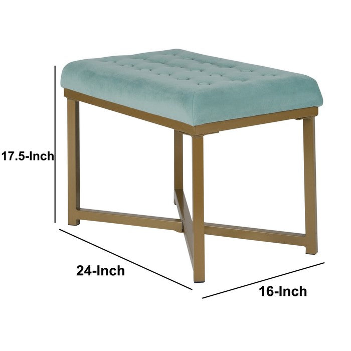 Metal Framed Bench with Button Tufted Velvet Upholstered Seat, Teal Blue and Gold