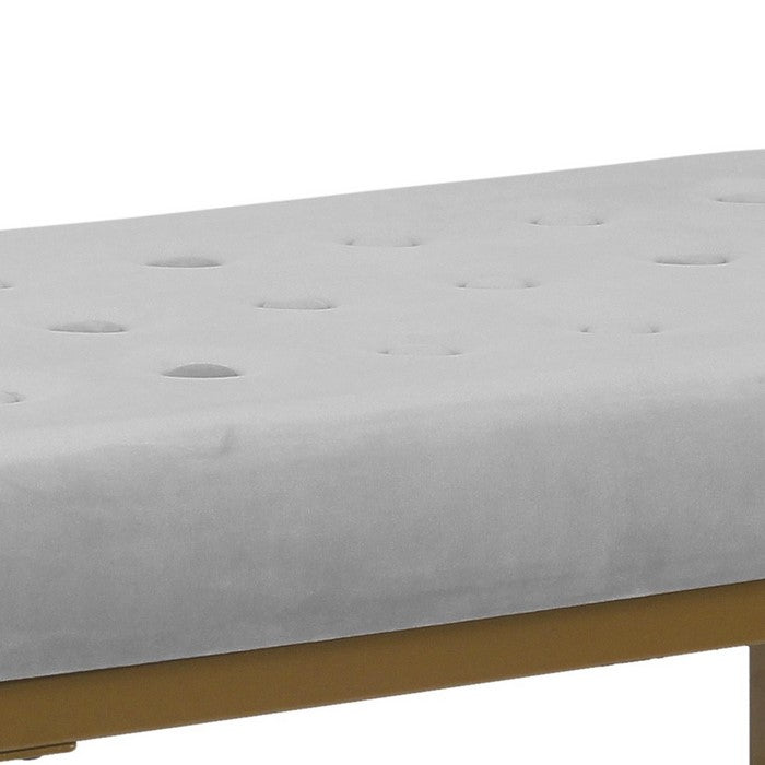 Metal Framed Ottoman with Button Tufted Velvet Upholstered Seat, Light Gray and Gold