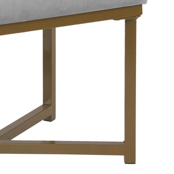 Metal Framed Ottoman with Button Tufted Velvet Upholstered Seat, Light Gray and Gold
