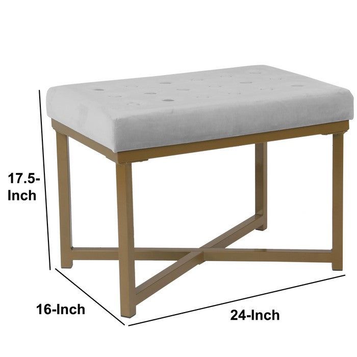 Metal Framed Ottoman with Button Tufted Velvet Upholstered Seat, Light Gray and Gold