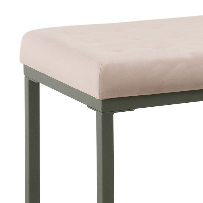 Metal Framed Ottoman with Button Tufted Velvet Upholstered Seat, Pink and Gray