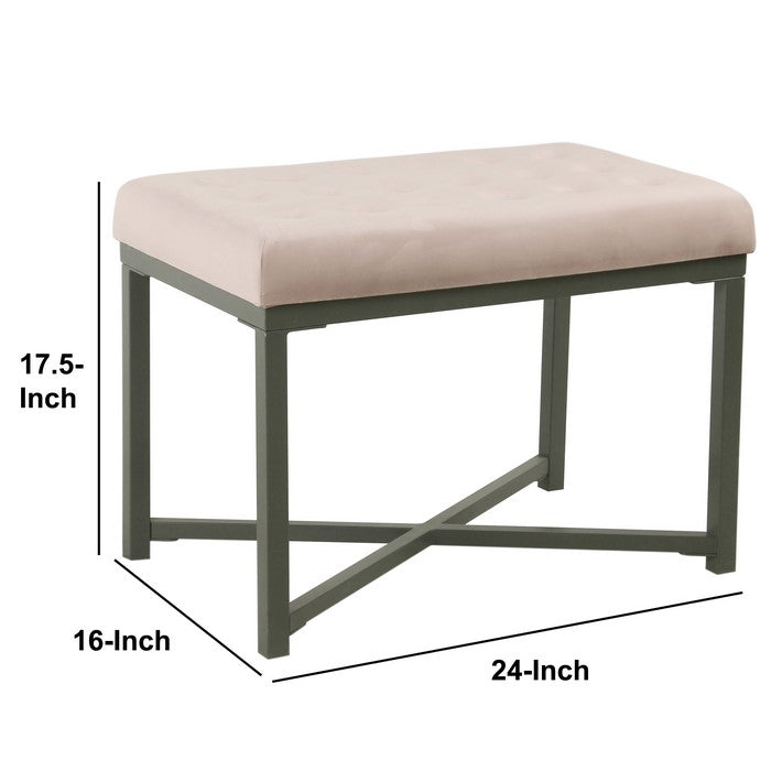 Metal Framed Ottoman with Button Tufted Velvet Upholstered Seat, Pink and Gray